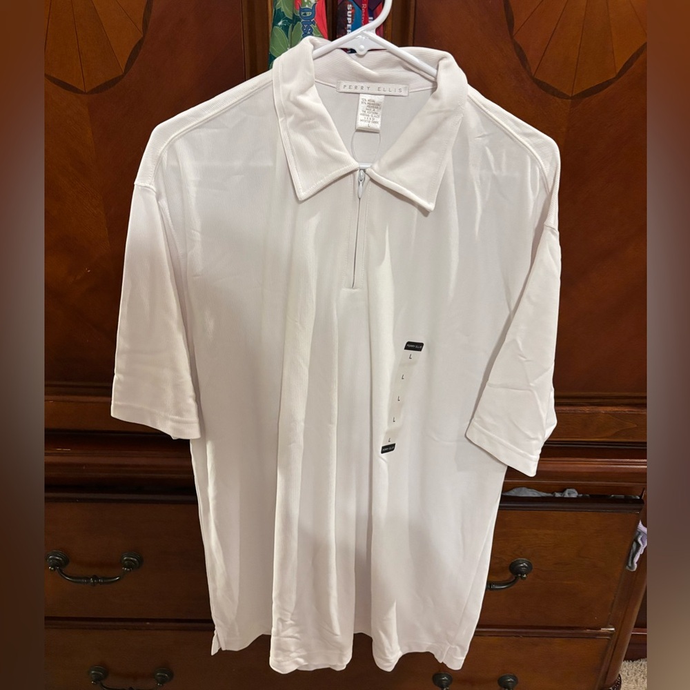Perry Ellis Men’s White Short‑Sleeve Zip Polo Shirt